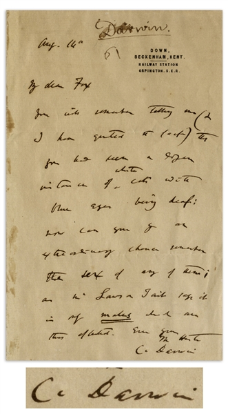 Charles Darwin Autograph Letter Signed With Evolution Related Content -- ...you had seen a dozen instances of white cats with blue eyes being deaf...